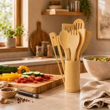 8 piezas/1 pieza Juego de utensilios de cocina de bambú con cubo de almacenamiento para cubiertos y pinzas para alimentos - Albaricoque - Ver 5