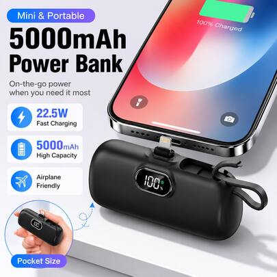 Pocket-Size Pink 5000mAh Power Bank With Lightning Plug, Integrated USB-C Cable And 22.5W Fast Charge, Featuring An LED Power Screen, Smooth Capsule Shape And Attached Lanyard For Grab-And-Go Use, Compatible With Lightning-Port  And Selected , IPod Or USB-C Devices, A Pink School Essentials Accessory For Class Days, Coffee Shop Study, Commutes And Weekend Outings