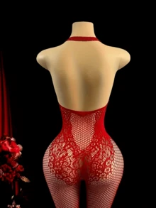 Women's Sexy One-Piece Camisole | Open Back Crotchless Design | High Elastic Nylon And Spandex Blend | Black Mesh Pattern | Hollow Out Details | Stretchy And Opaque | Hand Washable | Adult Lingerie, Suitable For Rave Parties - Red - View 3