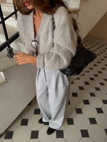 MORI Fall Winter Women Sweaters Heather Light Grey Deep V Neck Knit Sweater Soft Fluffy Pullover Tops Oversized Chic Aesthetic Vacation Going Out - Light Grey - View 6