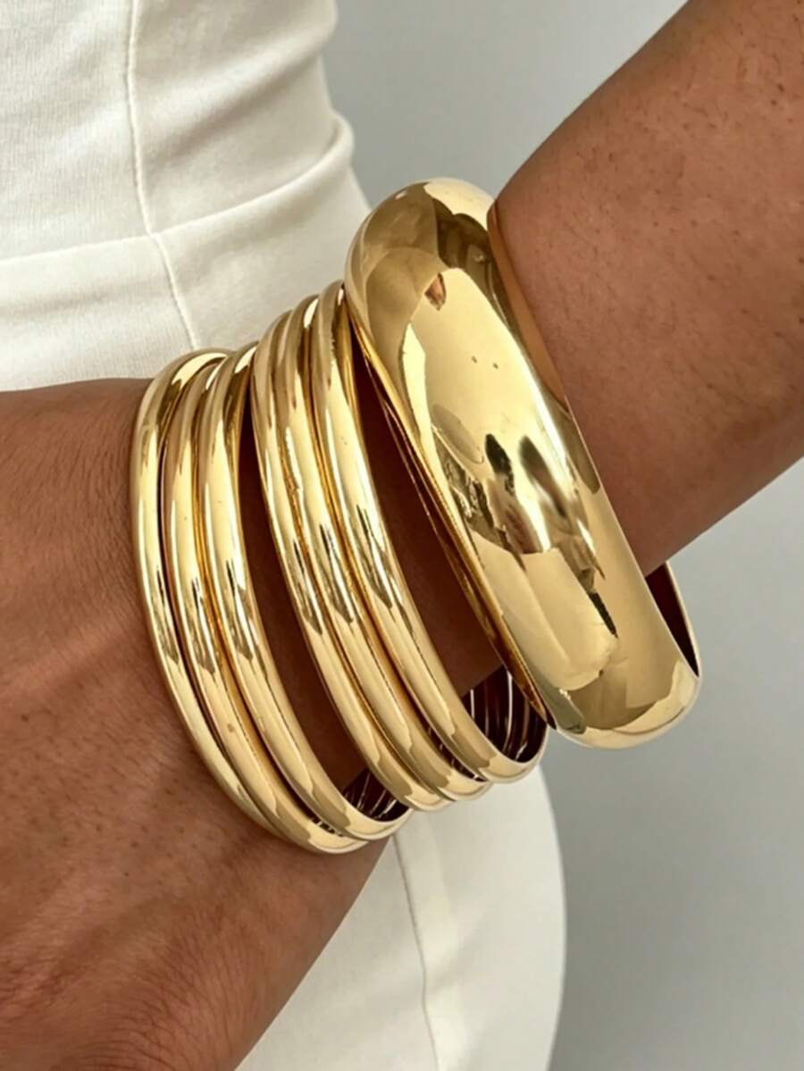 7 piezas de brazaletes de metal de hierro plano ancho, elegantes y vintage, adecuados para el uso diario de las mujeres, fiestas, vacaciones y diversas ocasiones, regalo - Dorado - Ver 1