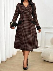 Autumn New Plus Size Women's Houndstooth Pattern Lapel Double-Breasted Long Sleeve Mid-Length A-Line Blazer Dress Elegant Winter Office - Multicolor - View 2