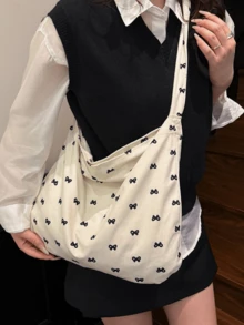 Dedoo 女款蝴蝶結印花布料單肩斜挎包，寬肩帶休閒大容量日常托特包，大容量學生後背包，適合大學校園 - 彩色 - 查看 4