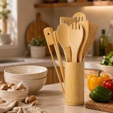 8 piezas/1 pieza Juego de utensilios de cocina de bambú con cubo de almacenamiento para cubiertos y pinzas para alimentos - Albaricoque - Ver 9