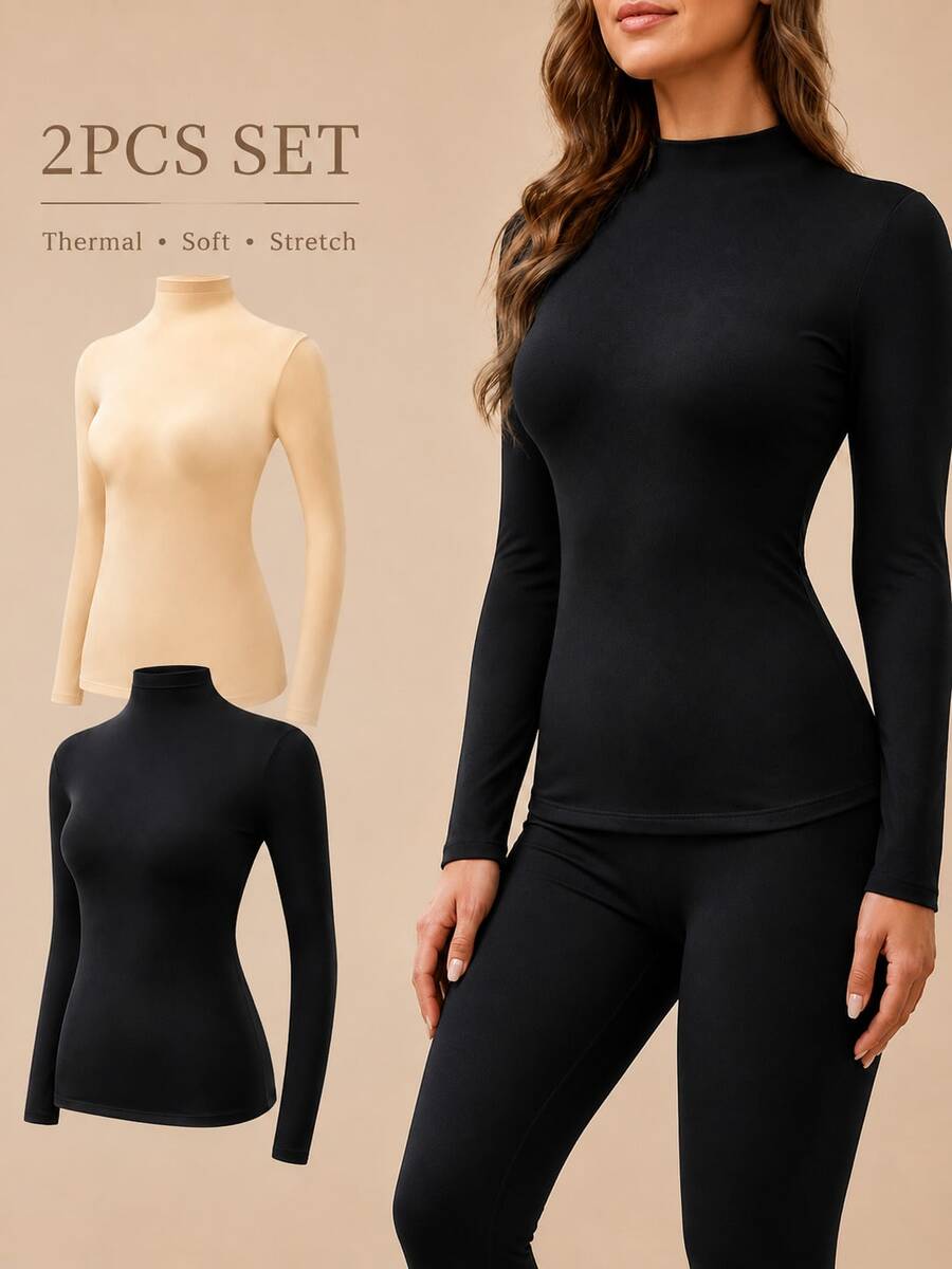 2pcs Women's Warm Base Layer Solid Color Crew Neck Long Sleeve T-Shirt, Soft Elastic Slim Fit Second Skin Basic Lightweight Outerwear Top, Suitable For Autumn - Multicolor - View 1