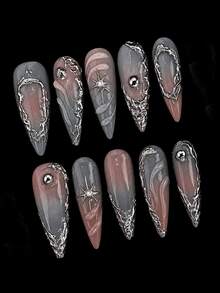 10pcs Handmade Fake Nails, Handmade Nail Art, Vintage Nail Art, Y2K Nail Art, Press-On Nails, Halloween Nail Art, Nail Art, Summer Nail Art, Women's Gift, Nail Art Set, Nails, Nail Art, Nail Art Products, Nail Art Gift, Reusable, Women's Gift - Multicolor - View 4