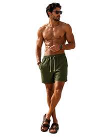 Set Of 3 Premium Linen Shorts For Men - Luxury Beachwear - Verde Oscuro - Ver 2