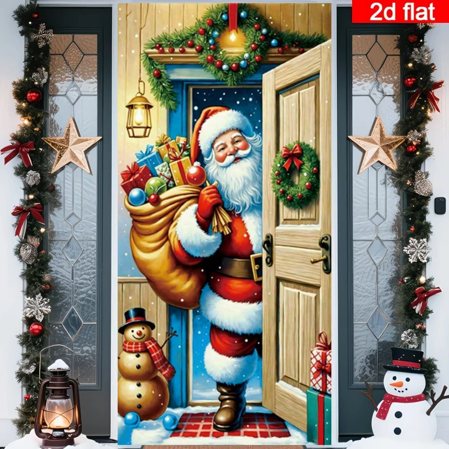 Cortina de puerta plana 2D de Papá Noel entregando regalos, diseño de Papá Noel de estilo de dibujos animados cargando una bolsa de regalos, combinada con muñeco de nieve, corona navideña y linterna, tono cálido, poliéster duradero, sin necesidad de energía, adecuada para decoración con tema navideño, se puede usar para decoración de pared interior/exterior, puerta/ventana, decoración de ambiente festivo, hogar, centro comercial, estudio, escenas al aire libre, material de poliéster, sin necesidad de energía