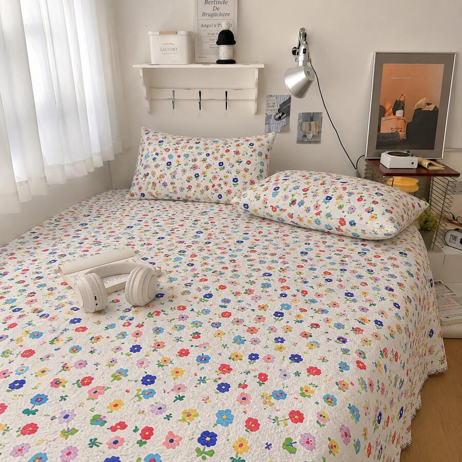 Set Sprei 3 Potong dengan Hiasan Renda, Motif Bunga, Renda Rajutan, Gaya Pedesaan Inggris, Cocok untuk Tempat Tidur Tunggal, Tempat Tidur Ganda, Tempat Tidur Mahasiswa - MultiWarna - View 1