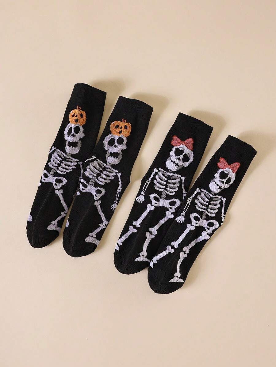 2 Pairs Halloween Skeleton Print Mid-Calf Socks, Bowknot Pumpkin Skeleton Personalized Women's Socks, Gothic Style Holiday Party Socks - Black - View 1