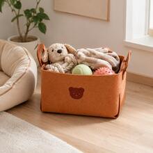 1/3pcs Felt Pet Storage Basket With Hollow Handle And Bear Pattern, Large Capacity Dog Toy Storage Bin, Can Store Leashes, Grooming Supplies, Blankets And Daily Essentials, Foldable Decorative Storage Bucket, Suitable For Bedroom, Living Room, Entryway, Perfect For Pet Owners - Burnt Orange - View 3