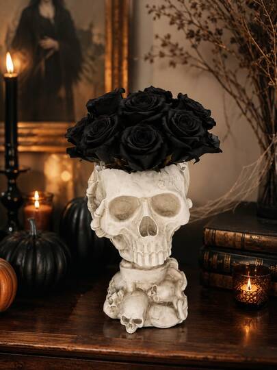 Gothic Skull Vase, Halloween Black Rose Floral Vase, Dark Academia Home Decor, Unique Skull Dried Flower Vase, Eerie Desktop Ornament, Living Room Bedroom Bookshelf Office Vintage Decoration, Party Decor Gift Creative