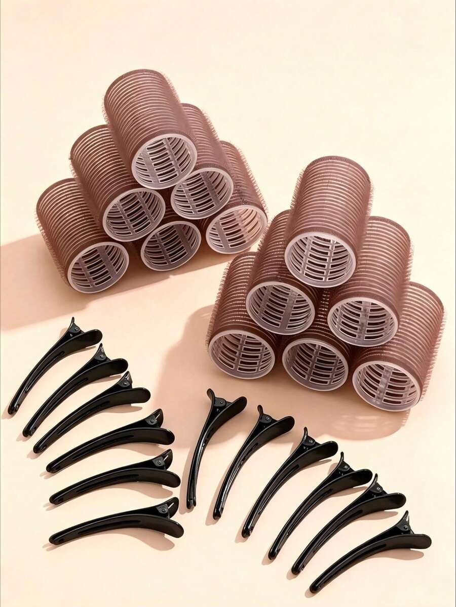 Self-Adhesive Hair Roller Set, Includes 6 Hair Rollers And 6 Hair Clips, Salon-Grade Curling Device, Suitable For DIY Hairstyle Design, Heatless Hair Curlers - Coffee Brown - View 1