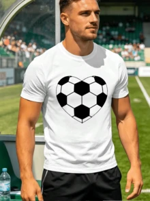 Men's Football Heart Graphic T-Shirt, Spring, Premium, Graphic Design, Street Hip-Hop, Breathable - 白色 - 查看 1