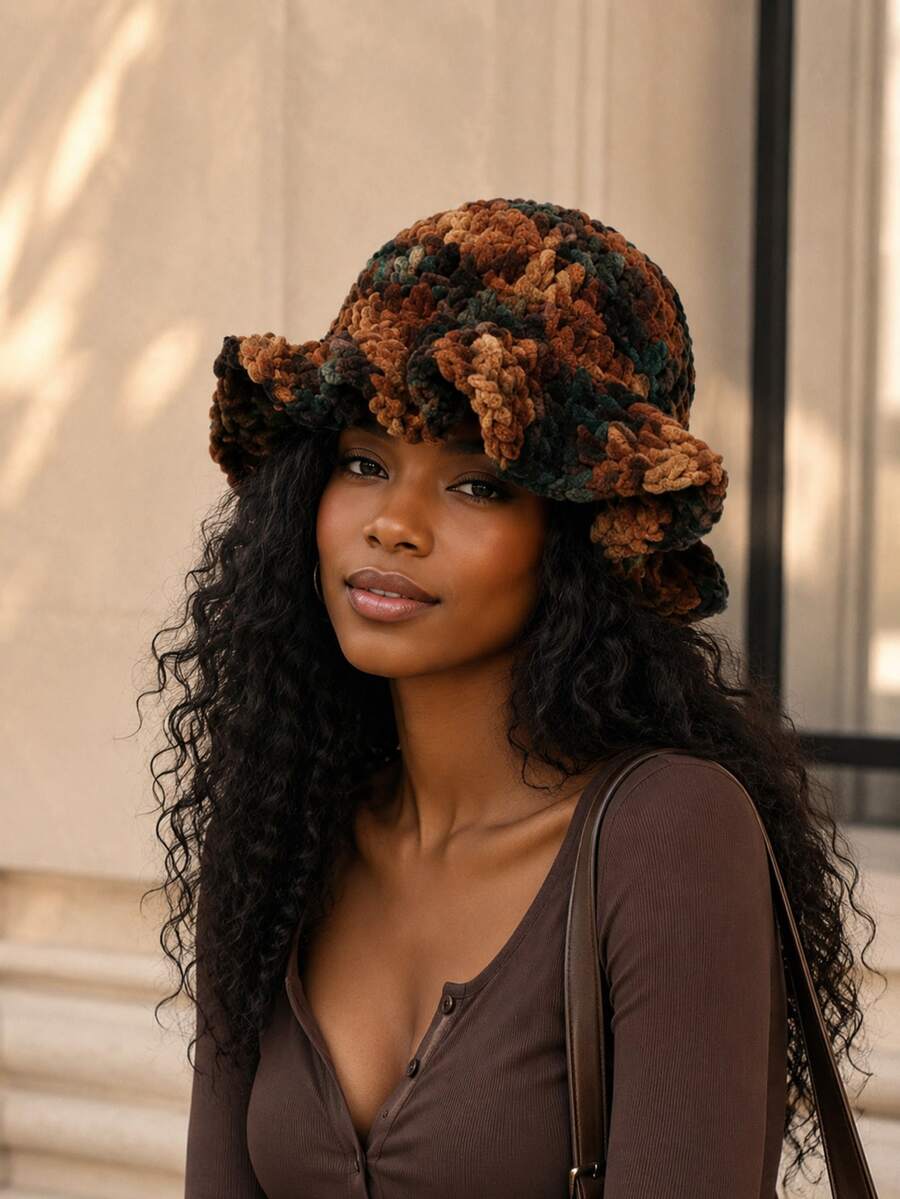 1pc Women's Handmade Knitted Solid Color Ruched Bucket Hat, Exaggerated Design, Fashionable Winter Knitted Hat - A - View 1
