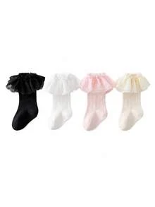 4 Pairs Girls Lace Mid-Calf Socks, Spring/Autumn Thin Cotton Seamless Baby Socks - Multicolor - View 9