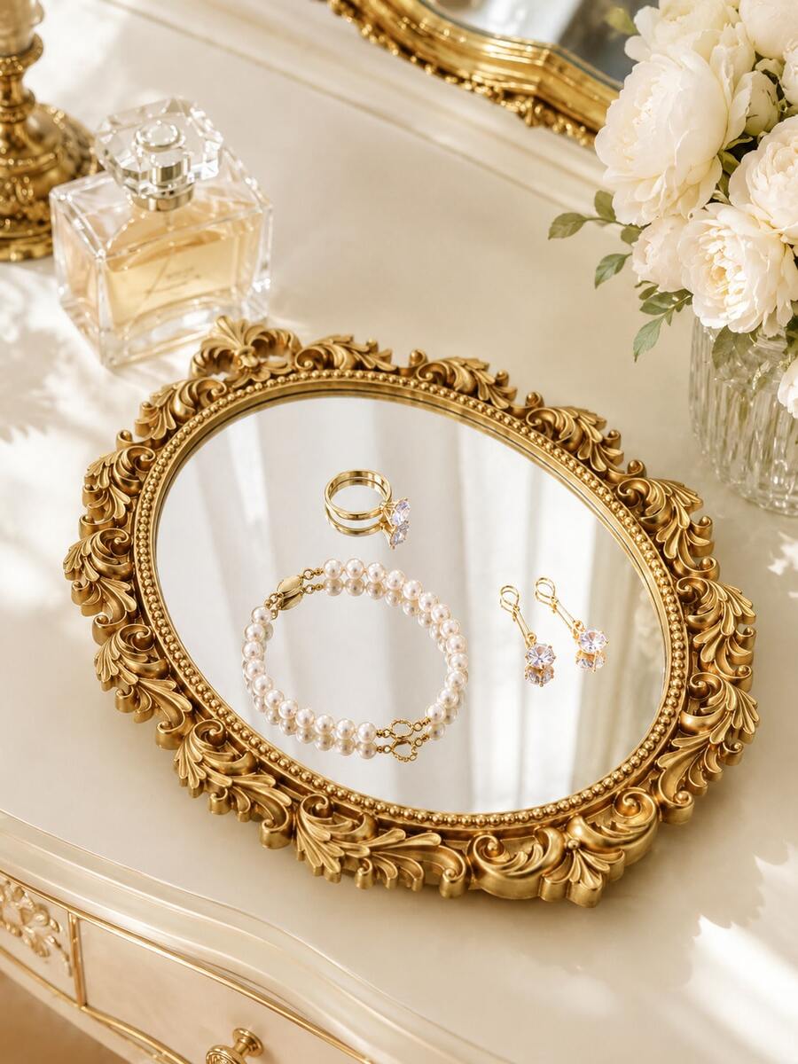 Bandeja de exhibición de joyas vintage dorada, caja de almacenamiento con bandeja de espejo estilo barroco, decoración de escritorio de lujo, para almacenamiento de joyas, perfumes, cosméticos, decoración elegante de tocador, adecuada para dormitorio, sala de estar, tocador, regalo romántico de cumpleaños, Navidad, Día de San Valentín para mujeres - Multicolor - Ver 1