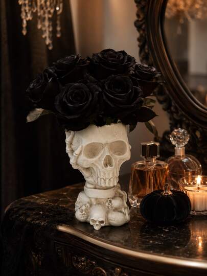 Gothic Skull Vase, Halloween Black Rose Floral Vase, Dark Academia Home Decor, Unique Skull Dried Flower Vase, Eerie Desktop Ornament, Living Room Bedroom Bookshelf Office Vintage Decoration, Party Decor Gift Creative