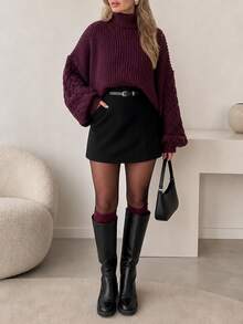 Women's Burgundy High Neck Knit Sweater, Bishop Sleeve Design, Comfortable And Fashionable, Autumn/Winter Essential Top - Burgundy - View 8