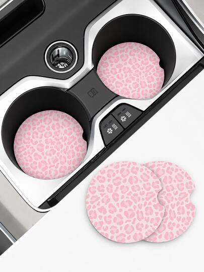 2pcs Round Pink Leopard Print Ceramic Car Cup Coasters, Absorbent Wooden Bottom Car Cup Holder Pads, Anti-Slip Anti-Spill Beverage Car Cup Coasters, Cute Girl Style Animal Pattern Car Interior Decoration, Daily Party Holiday Gift Accessories