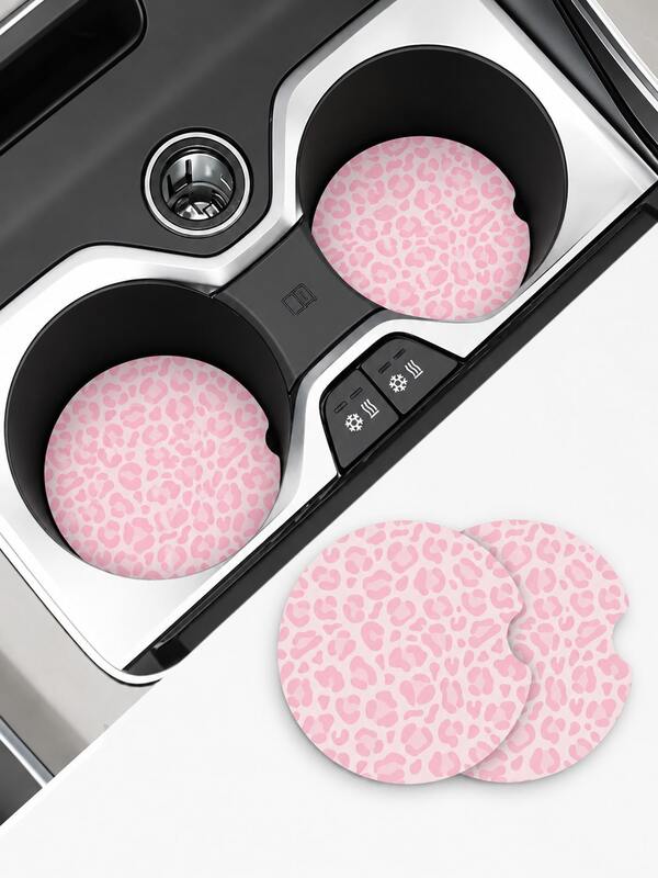 2 piezas Posavasos redondos de cerámica con estampado de leopardo rosa para coche, almohadillas absorbentes de madera para portavasos de coche, posavasos antideslizantes y a prueba de derrames para bebidas, decoración interior de coche con patrón animal estilo niña linda, accesorios de regalo para uso diario, fiestas y vacaciones