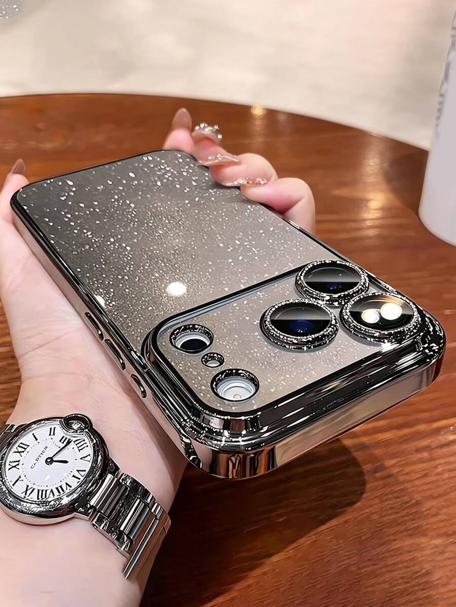 Casing Ponsel PC Transparan Berlapis Payet Berkilau Mewah Kompatibel dengan iPhone 17ProMax 17Pro 17 16 15 14 13 12 11 Pro Max Pelindung Belakang Keras Tahan Guncangan - Perak - View 1