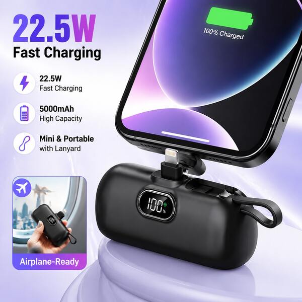 Purse-Friendly Pink 5000mAh Mini Charger With Lightning Plug, USB-C Cable And 22.5W Fast Charging, Featuring A Digital Battery Indicator, Compact Rounded Shell And Lanyard Loop For Handbag Storage, Made For IPhone 14, 13, 12, 11, SE And Selected USB-C Phones Or Earbuds, Made For Back To School Packing, Daily Commutes, Campus Events, Locker Kits And Busy Class Schedules