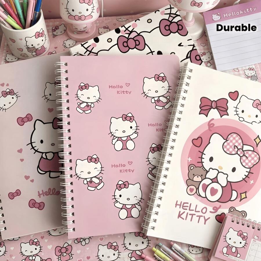 SANRIO Hello Kitty Pink Heart A7 Spiral Notebook, Random Pattern, (4pcs/Set) With Pattern And Bow Decoration, Thick Lined Paper Inside, Durable Hard Cover Design, Suitable For Study, Office Or Journaling. Randomly Delivered In Different Colors And Styles, Fun Design, Spiral Binding.