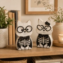 1/2pcs Vintage Distressed Wooden Cat Skeleton Decor, Farmhouse Style Halloween Tabletop Ornament, Suitable For Tiered Trays, Fireplace Mantels And Indoor Party Scenes - Multicolor - View 4