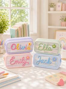 Personalized Double Layer Pencil Case, Hand Embroidered Name Mesh Pencil Pouch, Large Capacity Stationery Organizer, Back To School Gift - Multicolor - View 1