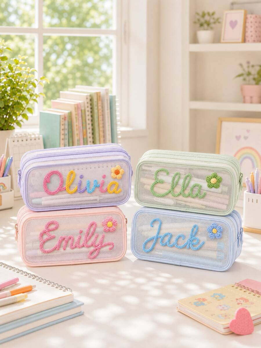 Personalized Double Layer Pencil Case, Hand Embroidered Name Mesh Pencil Pouch, Large Capacity Stationery Organizer, Back To School Gift - Multicolor - View 1