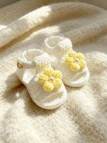 1 Pair Infant Girl Sandals, White Crochet Knit With Flower Pearl Embellishment, Soft Sole Infant Shoes - Yellow - View 2