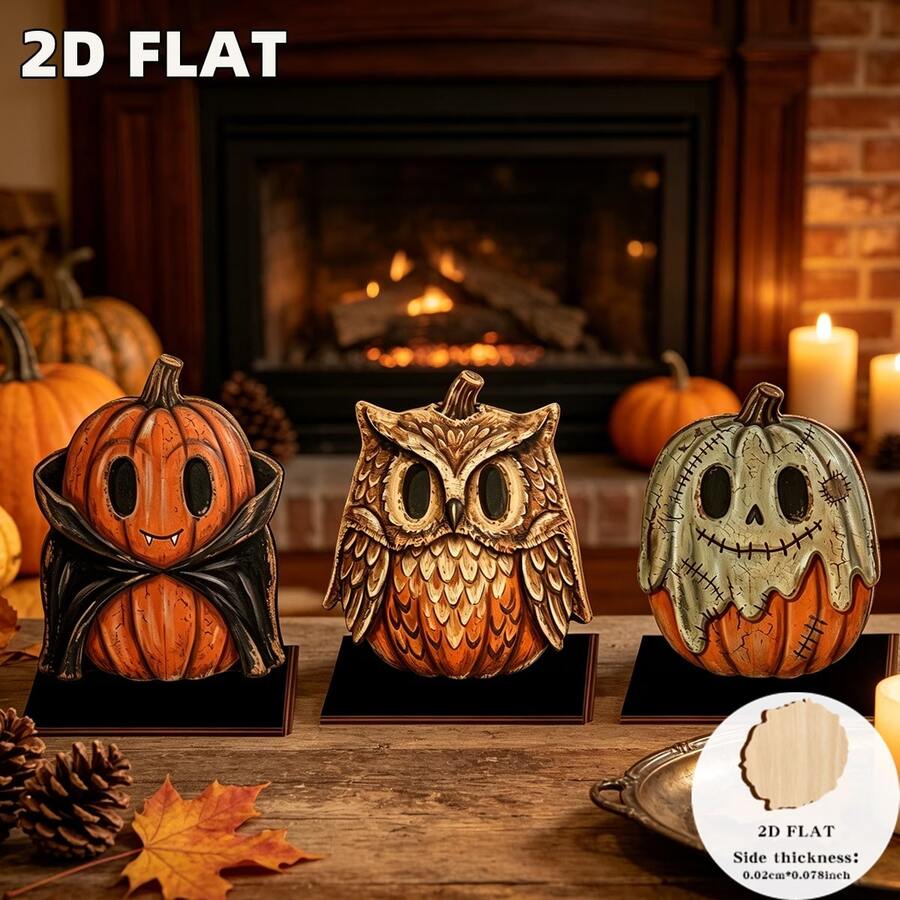 2D Plane, 3 Wooden Halloween Decorative Plaques, A Set Of Decorations, A Perfect Holiday Gift, A Home Wall Decoration, A Welcome Sign, A Desktop Office Decoration Item - A - View 1