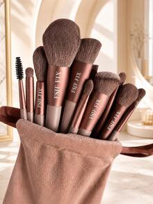 FSJF FIX 12pcs Makeup Brush Set, Eyeshadow Brush, Foundation Brush, BB Cream Brush And Concealer Brush. This Is A Soft Multifunctional Makeup Tool Set Designed For Women, Featuring Soft Bristles - Brown - View 1