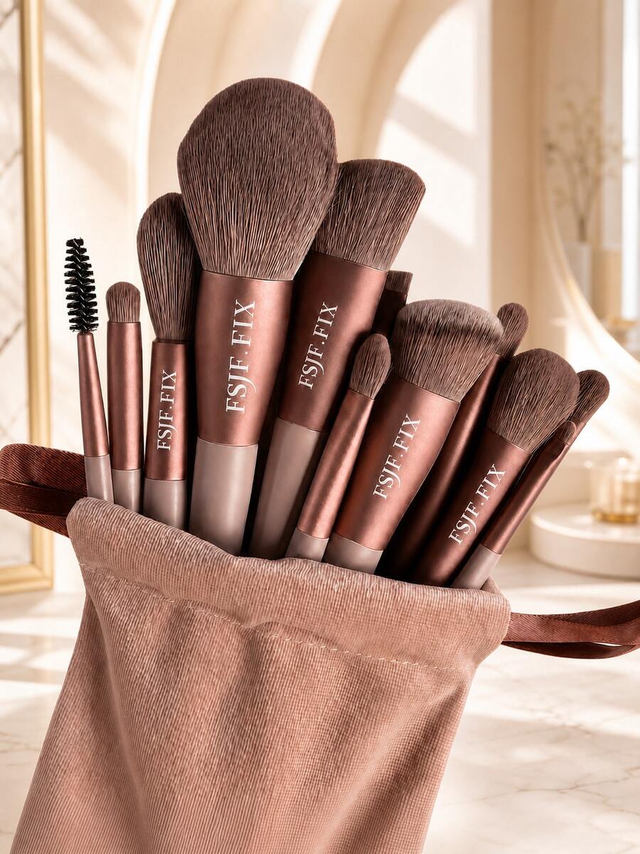 FSJF FIX 12pcs Makeup Brush Set, Eyeshadow Brush, Foundation Brush, BB Cream Brush And Concealer Brush. This Is A Soft Multifunctional Makeup Tool Set Designed For Women, Featuring Soft Bristles - Brown - View 1