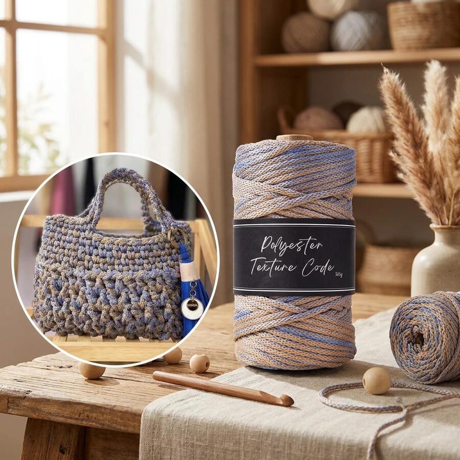 1pc 5mmTwo-Tone Polyester Texture Code Braided Cord, Durable Macrame Rope For DIY Plant Hangers, Bags & Bohemian Decor - Multicolor - View 1