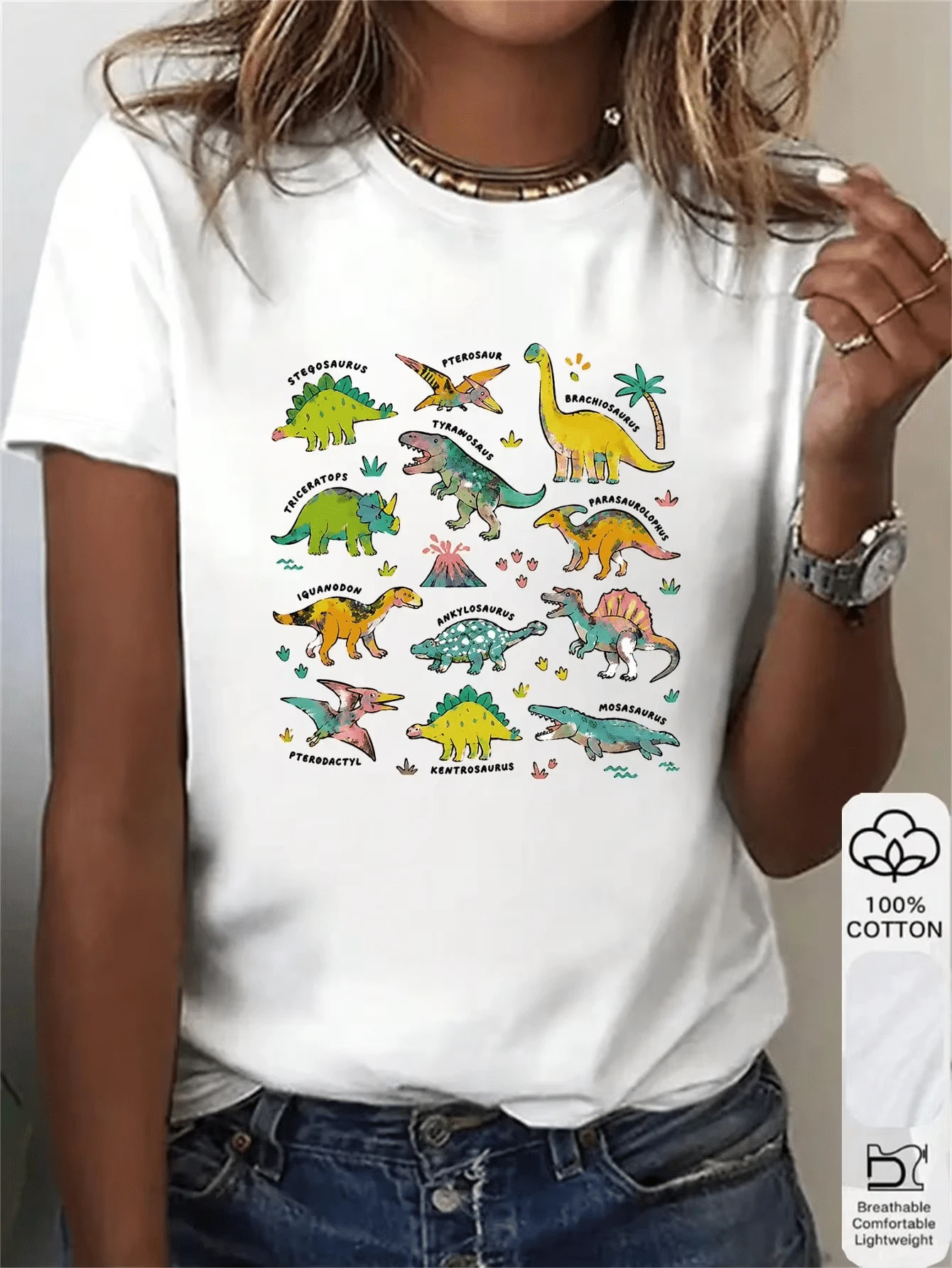 Colorful Dinosaur 2D Print Women Round Neck 100% Cotton Tee Magliette Estive Donna - 白色 - 查看 1