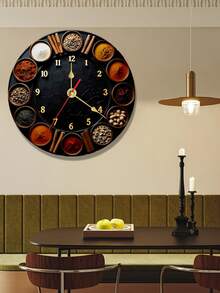 1pc 10/12 Inch Silent Round Wooden Clock With Various Spices And Seasonings, Quartz Movement, Multi-Color With Gold Accents, Battery Operated (AA Batteries Not Included), Suitable For Bedroom, Kitchen, Study, Garage, Christmas Decor, Living Room - Multicolor - View 1