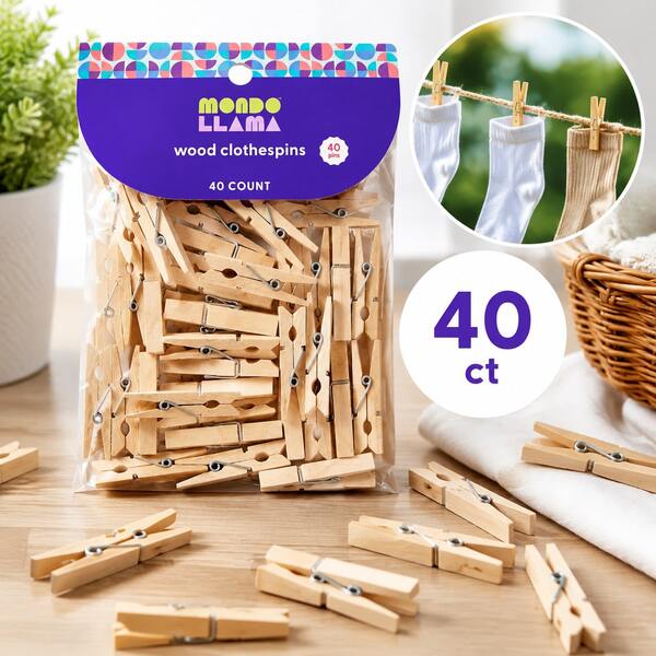 Mondo Llama 40ct Natural Wooden Clothespins, Spring Loaded Laundry Clothes Pegs, Portable Drying Clip Supplies, Back To School Dorm Household Outdoor Hanging Organizer