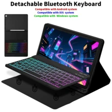 Casing Keyboard Bluetooth dengan Lampu Latar Warna-warni yang Dapat Dilepas, Kompatibel dengan Galaxy Tab/Pad SE, Pelindung Stand Ultra Tipis dan Ringan dengan Slot Pena (Apple Pencil Tidak Termasuk), Casing Hitam + Keyboard Hitam - Hitam - View 2