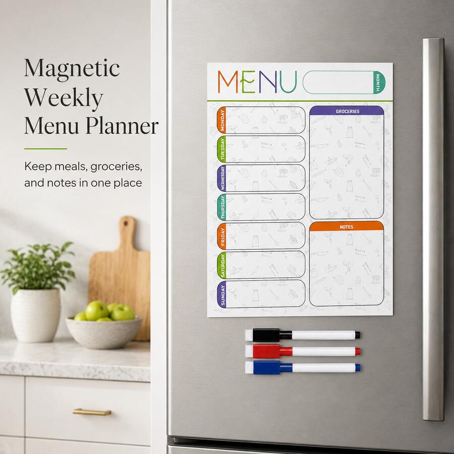Magnetic Erasable Whiteboard Fridge Sticker - Weekly Planner And Organizer, Includes Grocery List, Meal Plan And Kitchen Fridge To-Do Section - Multicolor - View 1