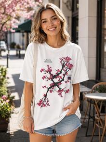 Women's Cherry Blossom Graphic T Shirt, Sakura Floral Print Oversized Tee, Casual Loose Fit Cotton Short Sleeve Top For Summer - 白色 - 查看 1