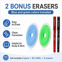 Erasable Gel Pen Set, 6 Pens With 30 Red And Black Ink Refills And 2 Erasers, Smooth Writing Refillable Friction Pens For Students, School, Office, Homework, Notes, Journaling And Daily Writing - Multicolor - View 11