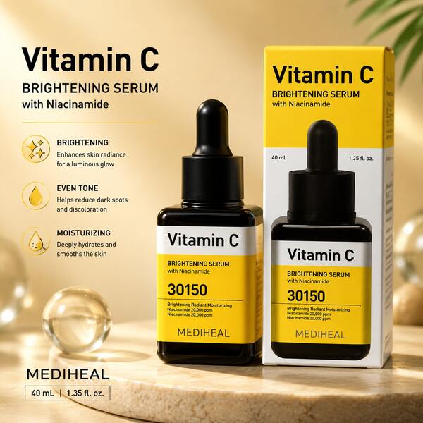 Medicube MEDIHEAL Vitamin C Brightening Serum 40ml Korean Skincare, Niacinamide Face Serum, Dark Spot Care, Skin Tone Brightening Treatment, Hydrating Glow Serum