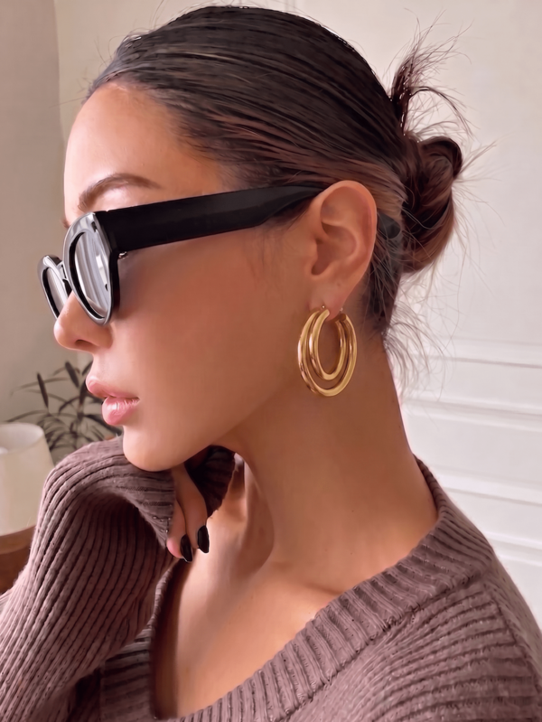 1 Pair 18K Gold Plated European & American Large Hoop Earrings, Stainless Steel Gold Earrings, Punk Style Earrings, Gothic Style Gold Earrings, Stainless Steel Earrings, Heavy Earrings, Her Gift, His Gift, Suitable For Daily, Party, Evening, Wedding Earrings, Waterproof And Fade-Resistant