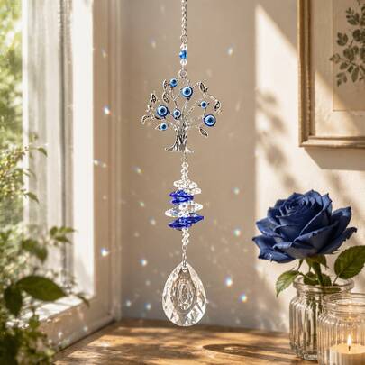 1pc/3pcs Evil Eye Suncatcher Set Hamsa Hand Tree Of Life Moon Sun Blue Crystal Prism Window Hanging Rainbow Maker Spiritual Home Decor Ornament
