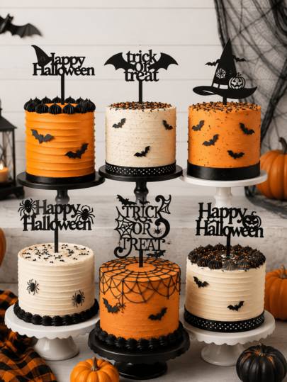 3/6/9pcs Black Acrylic Halloween Wizard Blow Bat Cake Insert Card, Happy Halloween Theme Cake And Birthday Party Decorations Cake Decorative Supplies