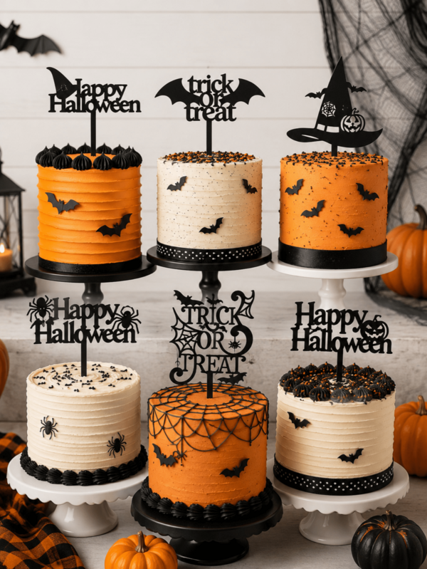 3/6/9pcs Black Acrylic Halloween Wizard Blow Bat Cake Insert Card, Happy Halloween Theme Cake And Birthday Party Decorations Cake Decorative Supplies