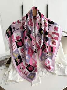Cute Cat Print 90cm Silk Feeling Satin Square Scarf Light Green Summer Spring Fashion Shawl Wrap For Women Girls - Pink - View 3