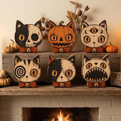 6-Piece Vintage Halloween Table Decoration Set, Including Cute Ghosts, Pumpkins, Black Cats, And Skulls. Autumn Home Decoration Gift Set With Halloween-Themed Decorations, Halloween Gift Set